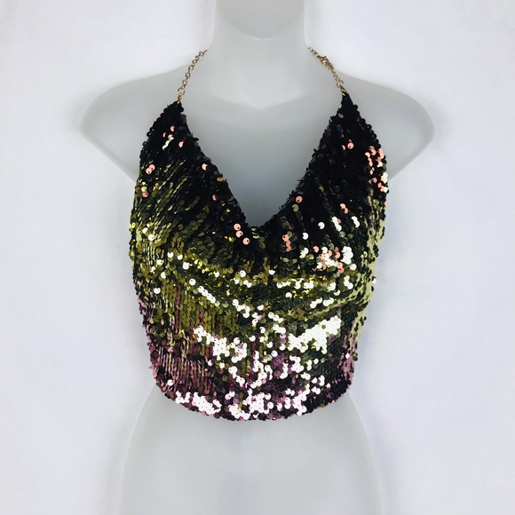 discovery Tops - Discovery Sequin Halter Top with Adjustable Chain